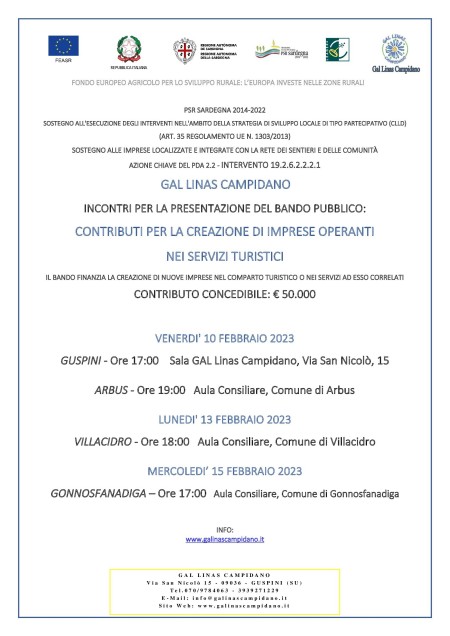 INCONTRI DI PRESENTAZIONE del bando pubblico per la creazione di imprese operanti nei servizi turistici - Intervento 19.2.6.2.2.2.1