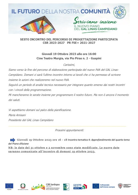 SESTO INCONTRO DEL PERCORSO DI PROGETTAZIONE PARTECIPATA CSR 2023-2027 PR FSE+ 2021-2027 Giovedì 19 Ottobre 2023