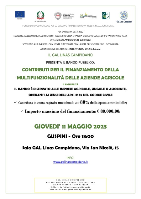 Presentazione Bando Pubblico "Contributi per il finanziamento della multifunzionalità delle aziende agricole" Intervento 19.2.6.4.2.2.2