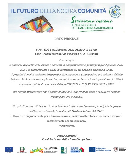Martedì 5 Dicembre 2023 appuntamento per l'ultimo incontro del percorso partecipato per la definizione del Piano d'Azione GAL Linas Campidano CSR 2023 -2027 PR FSE+ 2021 -2027