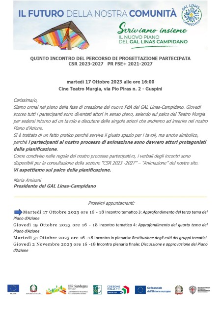 Quinto incontro del percorso partecipato per la definizione del Piano d'Azione GAL Linas Campidano CSR 2023-2027 PR FSE+ 2021-2027 MARTEDI' 17 OTTOBRE 2023