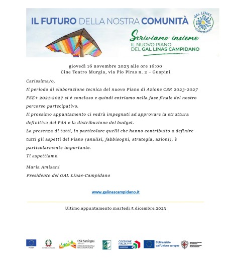 Ricordiamo l'incontro del percorso partecipato per la definizione del Piano d'Azione GAL Linas Campidano CSR 2023 -2027 PR FSE+ 2021 -2027 GIOVEDI' 16 NOVEMBRE 2023