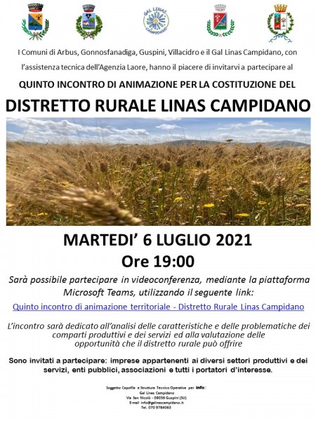 PROMEMORIA PER LA PARTECIPAZIONE AL QUINTO INCONTRO DI ANIMAZIONE TERRITORIALE - DISTRETTO RURALE LINAS CAMPIDANO - 6 LUGLIO 2021